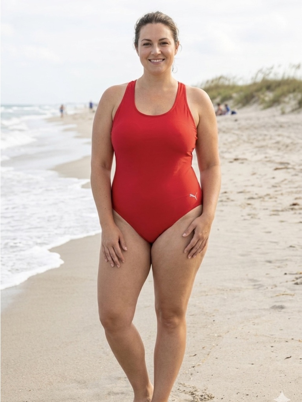 Puma Swimsuit, NWT, Red Scoop-Back One-Piece, L, small Puma logo at hip.